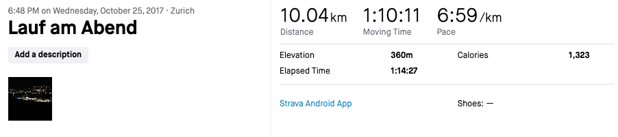 A screenshot of the Strava App, showing the first run in Zurich.